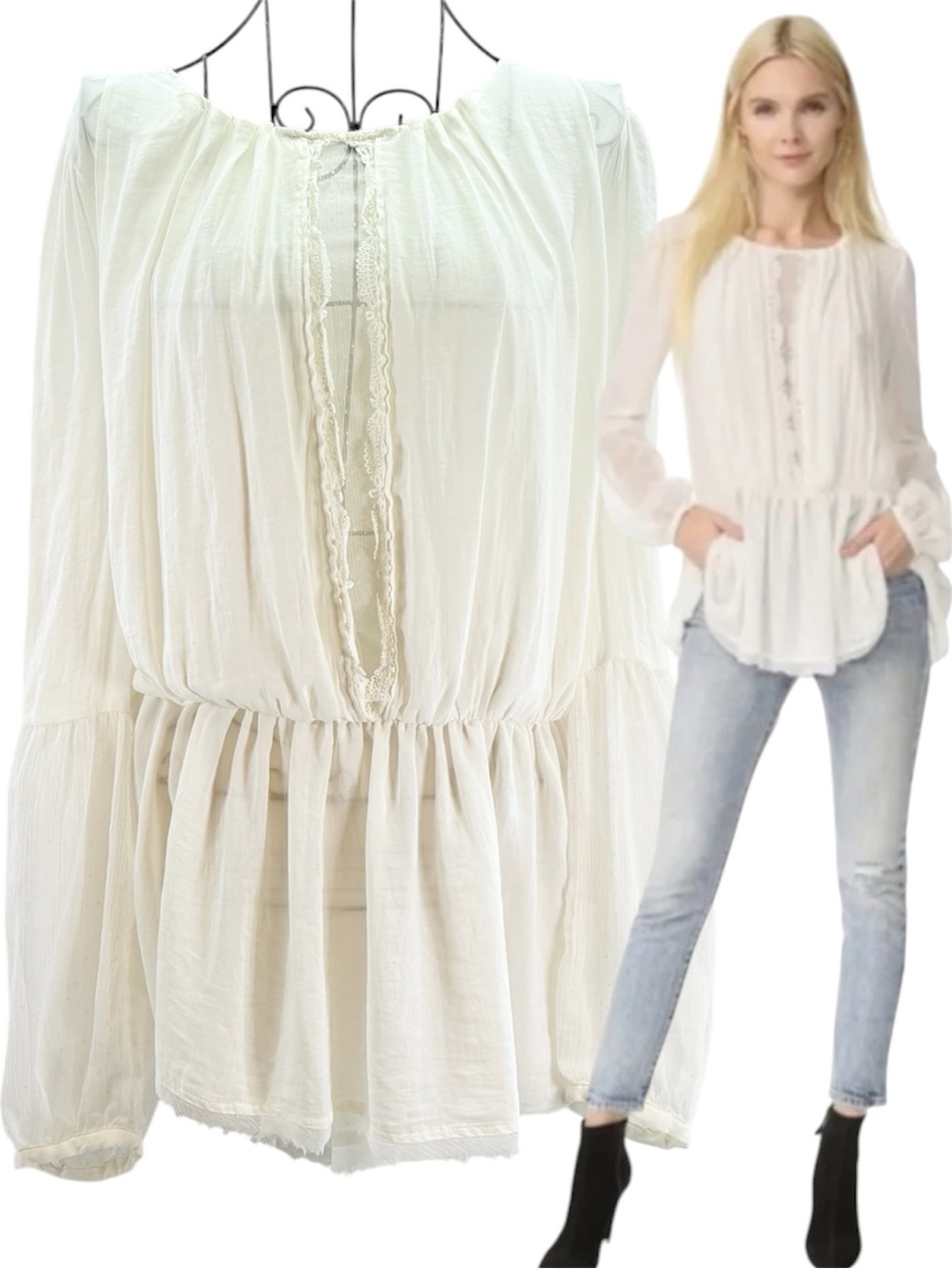 Free People Soul Serene Peasant Ivory Long Sleeve Sheer Fringe Blouse Size Small